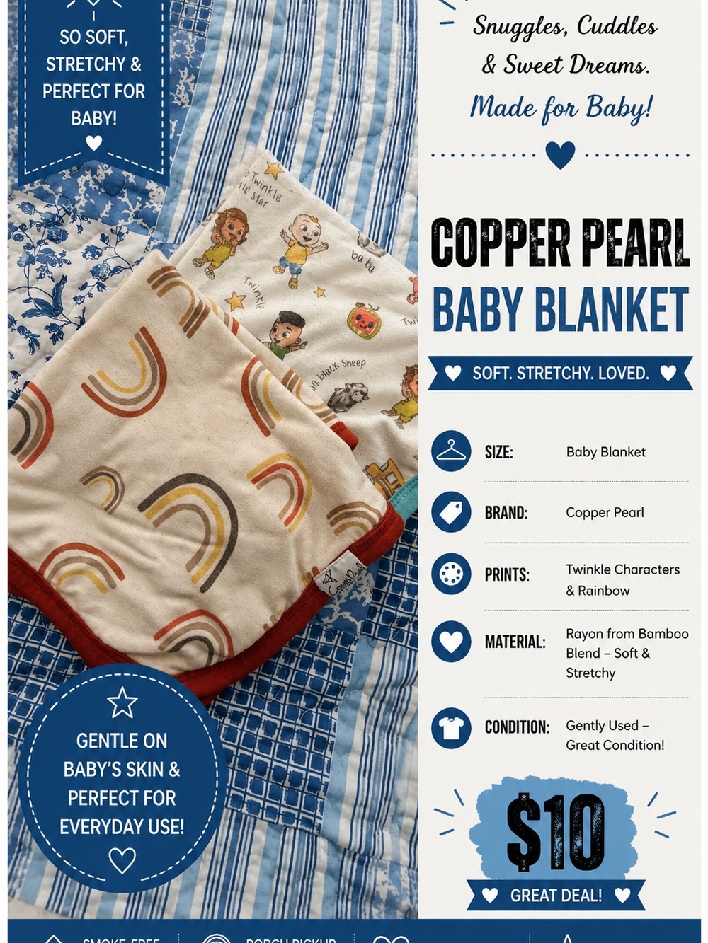 Copper Pearl Baby Blanket - Rainbow & Twinkle Characters - Cream/Blue